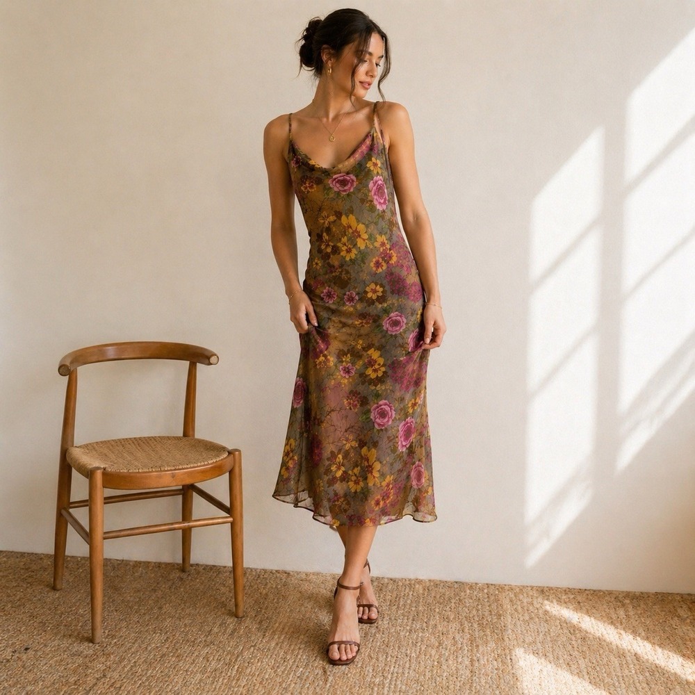 Mlle Gabrielle Y2K Floral Chiffon Slip Dress Coquette Romantic 12P - Picture 2 of 6